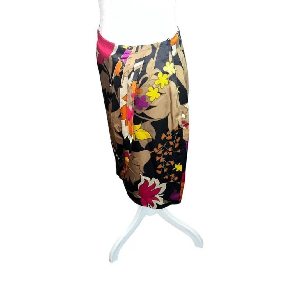 Escada Silk Floral Tulip Skirt Black Pink Orange Draped EU 34